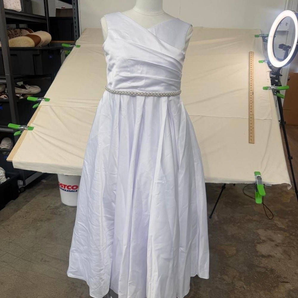 Girls White Satin Flower Girl Dress